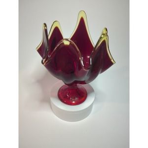 Vtg Viking Glass Ruby Red Handkerchief Compote Vase -Amberina- Original Sticker